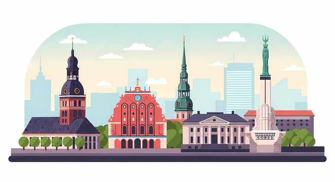 Stylized Riga Skyline with House of the Blackheads in Pastel Flat Vector Illustration Landmark in Pastel Flat Vector Illustration