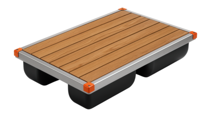 Floating dock pontoon with rectangular metal frame and wood decking