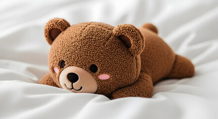 Adorable Brown Teddy Bear Resting Cozy on White Bedding &ndash; Plush Toy Comfort