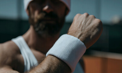 Man adjusts wristband before playing tennis on outdoor court during sunny day Generative AI