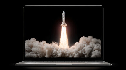 Rocket launch on a laptop screen showcasing the power of technology and space exploration during a nighttime setting Generative AI
