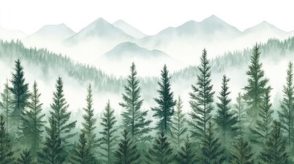 Fototapeta premium Misty mountain range with dense evergreen forest