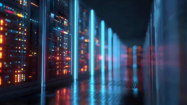 Modern data center showcasing illuminated server racks and high-tech infrastructure in a darkened environment Generative AI