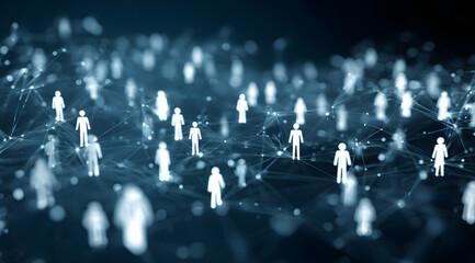 Connecting people on the internet, social network connection. dark blue, abstract background depicting a vast, interconnected network of human icons. White, stylized silhouettes of people are linked