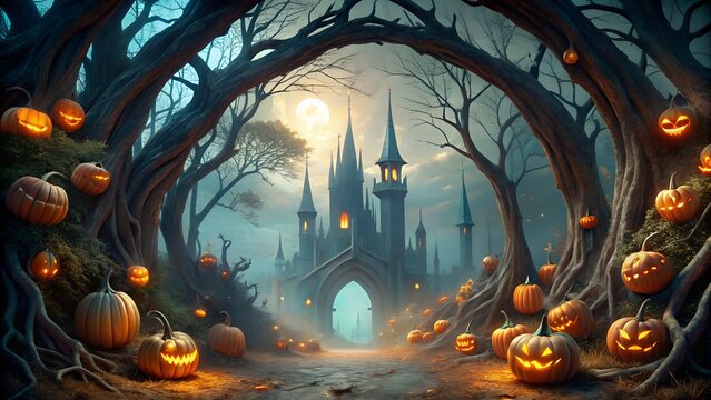 Enchanted halloween night with glowing jackolanterns lining a path to a spooky haunted castle in a dark, misty forest