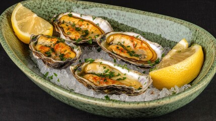 Four cooked oysters on ice, garnished with herbs and lemon slices, in a shallow bowl