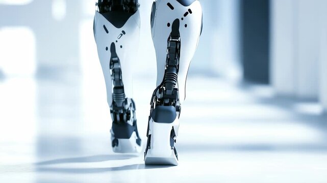 Witness the cutting edge world of robotics where bionic legs gracefully stride through a high tech environment, embodying the fusion of man and machine in a dazzling display of engineering.