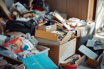 Cluttered garage filled with discarded items
