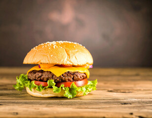 Delicious classic cheeseburger with beef, cheese, and lettuce on a rustic wooden table with a dark background.