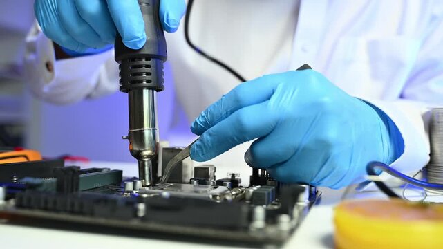 Computer technician in gloves safely repairing desktop hardware. Closeup view of hands fixing GPU and motherboard inside open PC case. Perfect for tech