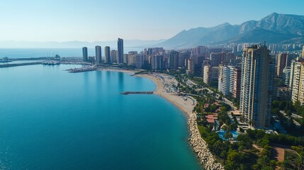 Fototapeta premium Coastal city skyline, turquoise water, sandy beach, high-rise buildings, mountains in the distance