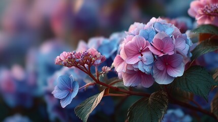realistic blue and pink hydrangeas in natural outdoor setting