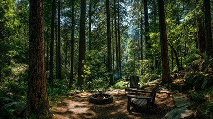 Peaceful camping area with a campfire surrounded by lush trees in a serene forest setting Generative AI