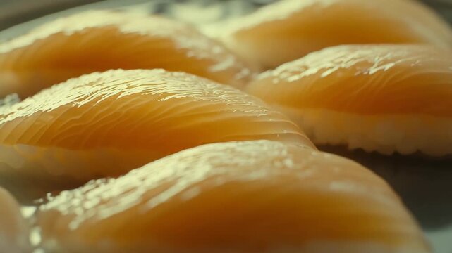 golden ripe mango slices arranged in rows in detailed fruit macro motion showcasing juicy texture and freshness