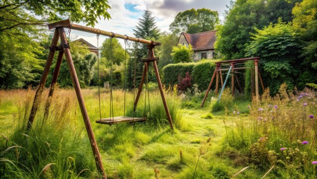 Photo of an old, rusty swing set stands in an overgrown, sundappled garden, evoking a sense of nostalgia and childhood memories in a peaceful, rural setting