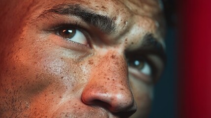 Extreme closeup portrait of a mans face, showing intense focus and determination in his eyes, with sweat glistening on his skin