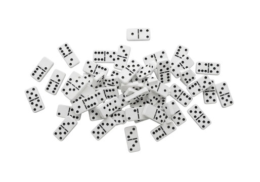 Classic white dominoes with black pips, toppled and scattered dynamically on a seamless transparent studio background, top-down view, no shadows. Concept of dynamic disorder