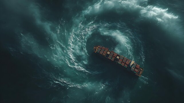 Aerial view of a large cargo ship navigating through turbulent waters, surrounded by swirling waves and dramatic storm clouds.