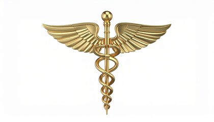A detailed 3D rendering of a golden caduceus symbol, showcasing its intricate design, representing medicine and healthcare.