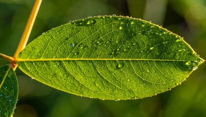 Close-up of a vibrant green leaf covered in water droplets.