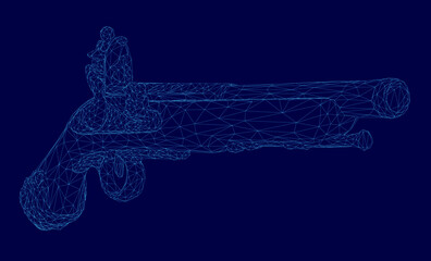 Low polygonal flintlock pistol with intricate wireframe design, composed of geometric shapes and clean lines. The colonial-style gun features a blue background.