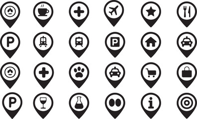 Collection of black and white location pin icons with various symbols