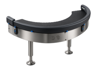 Curved belt conveyor with a modular plastic belt for a bottling line in a beverage factory.