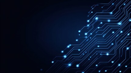 Glowing Circuit Lines and Dots on Dark Blue Digital Background