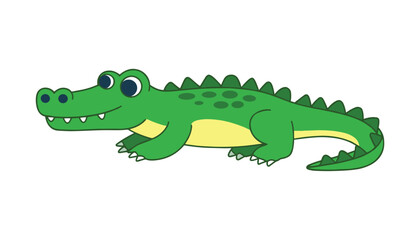 Cute Cartoon Crocodile Illustration in Green and Yellow Colors, Smiling Wild Reptile Character, Perfect for Kids, Education, Jungle Theme, and Animal Designs.