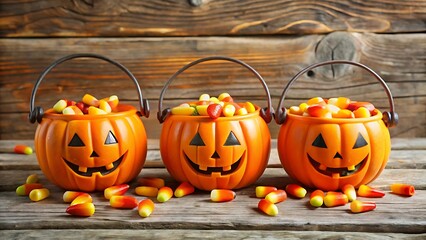 Halloween pumpkin buckets filled with candy corn