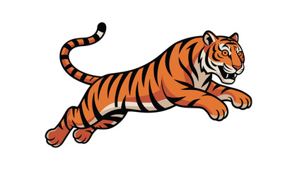 Fierce Jumping Tiger Illustration, Aggressive Wild Animal in Mid-Air Attack Pose, Symbol of Power, Strength, Speed, Jungle Wildlife, and Predator Energy.
