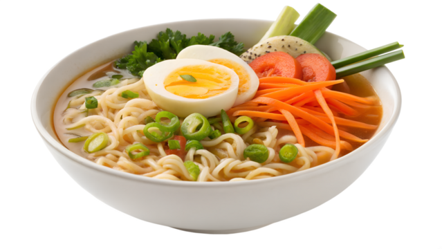 Delicious bowl of noodle soup featuring fresh vegetables, soft boiled egg, and vibrant broth served in a pristine white bowl Generative AI