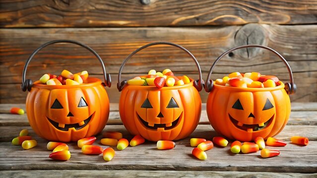 Halloween pumpkin buckets filled with candy corn - Powered by Adobe