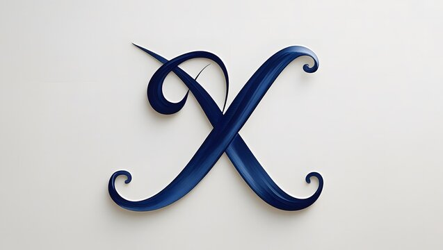 Elegant Calligraphy Letter X with Luxurious Dark Blue Ribbon Swirls and Subtle Shading on a Clean White Background