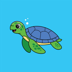 Cute cartoon sea turtle underwater, smiling green turtle with blue shell, fun ocean animal illustration for kids, isolated vector on blue background.