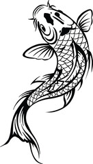 A striking and elegant black and white vector illustration of a swimming koi fish with detailed scales and flowing fins, a traditional art design perfect for a brand logo, tattoo, or graphic design.