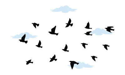 Silhouette of birds in flight flock against sky with clouds, freedom and movement vector illustration.