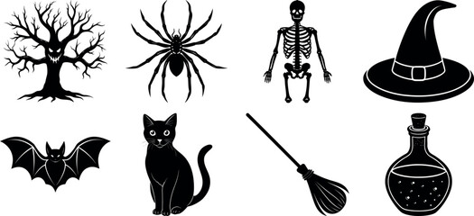 set of halloween element silhouette collection. Black and white vector. pmpkin, ghost, cat, horror house, witch, owl, raven bird, spider, witch hat