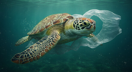 Fototapeta premium A green sea turtle entangled in plastic pollution, a powerful visual of the environmental crisis affecting marine wildlife and our oceans.