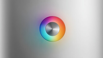 A metallic gray background features a vibrant circular light with a rainbow spectrum, encompassing a smaller, brushed-metal central disc