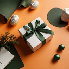 Elegant White Gift Box with Green Ribbon on Orange Background