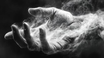 A captivating hand emerges from an ethereal mist, seeming to beckon the observer into a realm of limitless possibilities. The atmosphere is charged with mystery and wonder.