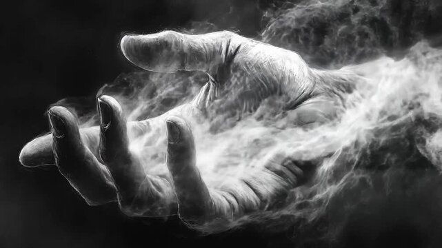 A captivating hand emerges from an ethereal mist, seeming to beckon the observer into a realm of limitless possibilities. The atmosphere is charged with mystery and wonder.