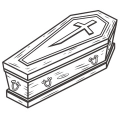 A simple black and white drawing of a vintage coffin with a cross on top