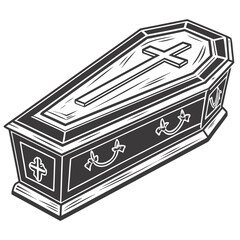 A detailed black and white illustration of a vintage coffin with a cross