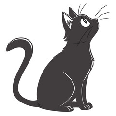 Cartoon black cat sitting and looking up isolated on white background