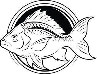 A stylized black and white vector illustration of a carp or fish in a circle, a simple but detailed design perfect for a brand logo, fishing club, or tattoo art.