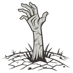 Cartoon zombie hand rising from cracked ground isolated on white background