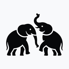 Silhouette of two elephants facing each other, tribal style black elephants with tusks, vector illustration, isolated animal graphic on white background.