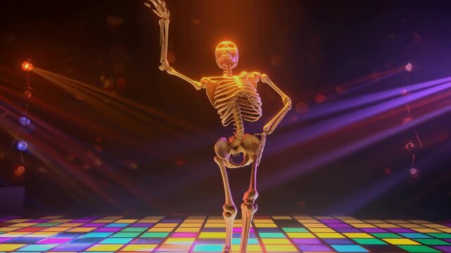 Dancing skeleton on colorful disco floor with dramatic stage lighting and dark party background, striking a playful pose. 4K video
